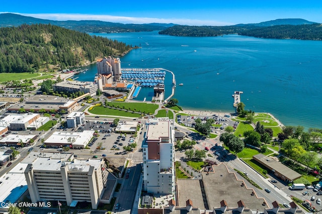 bird's eye view featuring a water and mountain view