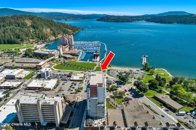 bird's eye view featuring a water and mountain view