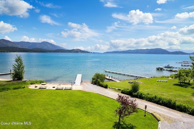 property view of water with a dock and a mountain view