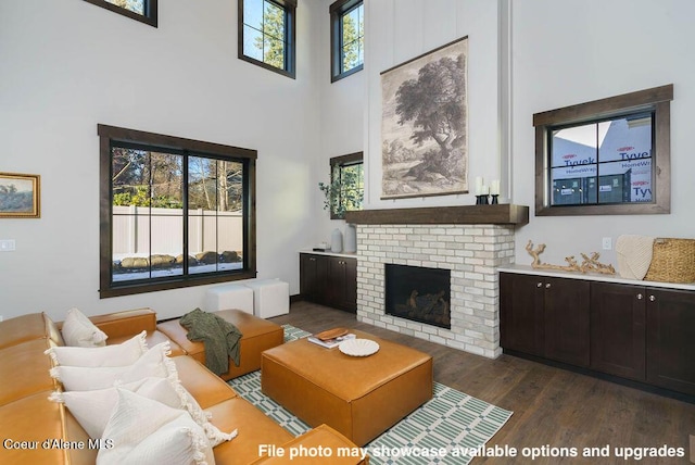 living room with dark hardwood / wood-style flooring, a towering ceiling, and a fireplace