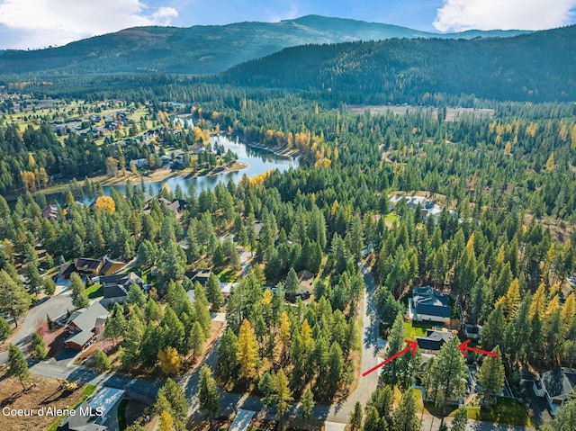 bird's eye view with a water and mountain view