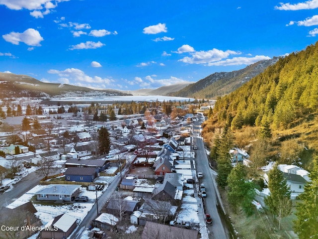 snowy aerial view featuring a mountain view