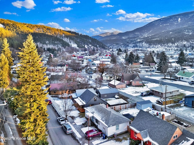 snowy aerial view with a mountain view