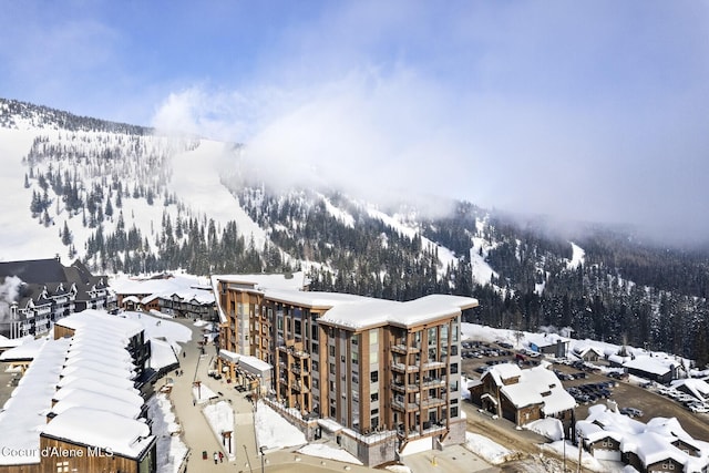 snowy aerial view with a mountain view