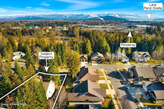 drone / aerial view featuring a mountain view