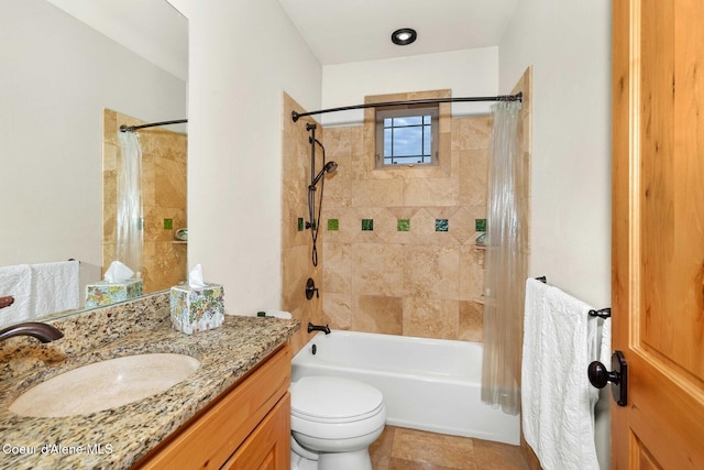 full bathroom with shower / bathtub combination with curtain, vanity, and toilet