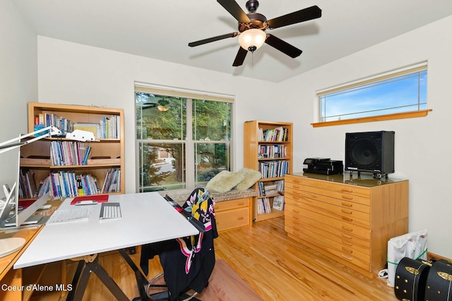 office space with a wealth of natural light, wood-type flooring, and ceiling fan