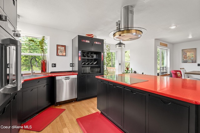 kitchen featuring black electric cooktop, dishwasher, sink, and light hardwood / wood-style flooring