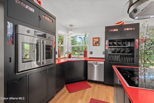 kitchen with stainless steel appliances, sink, and light hardwood / wood-style floors