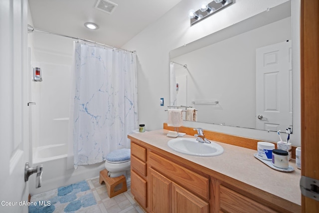 full bathroom with vanity, toilet, and shower / bathtub combination with curtain