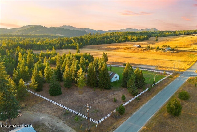 aerial view at dusk featuring a mountain view