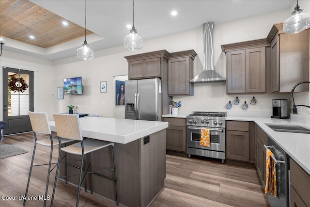 kitchen with appliances with stainless steel finishes, pendant lighting, sink, wall chimney range hood, and light hardwood / wood-style flooring