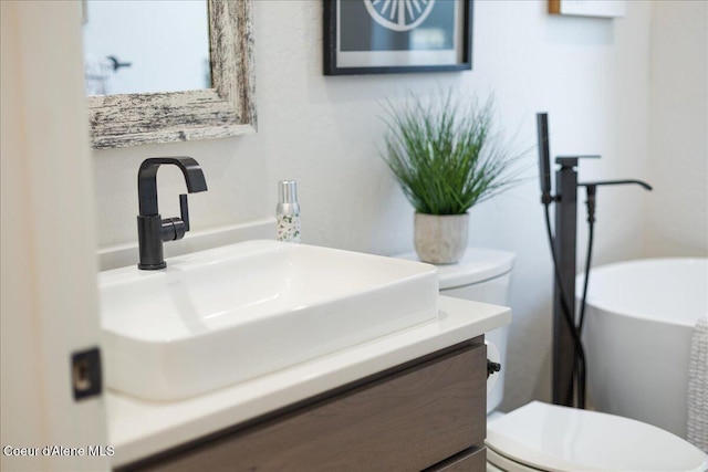 bathroom with vanity, toilet, and a washtub