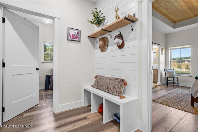 mudroom featuring wood-type flooring and wooden ceiling