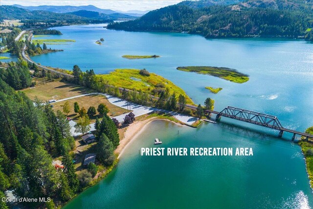 bird's eye view with a water and mountain view