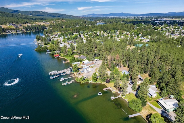 bird's eye view with a water and mountain view