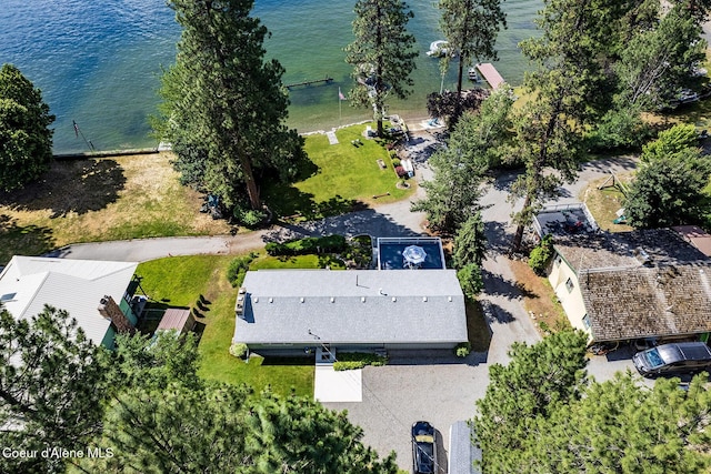 aerial view featuring a water view