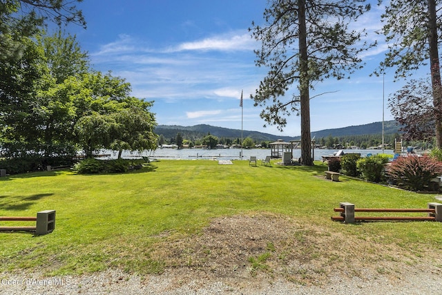 view of property's community with a water and mountain view and a lawn