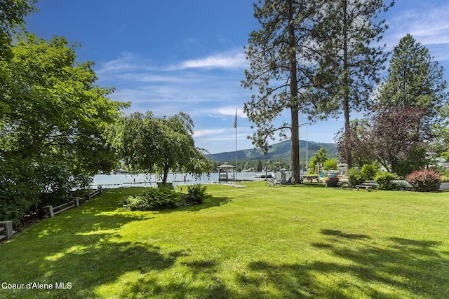 view of property's community with a yard and a water and mountain view