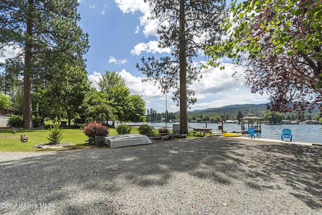 view of property's community with a water view and a yard