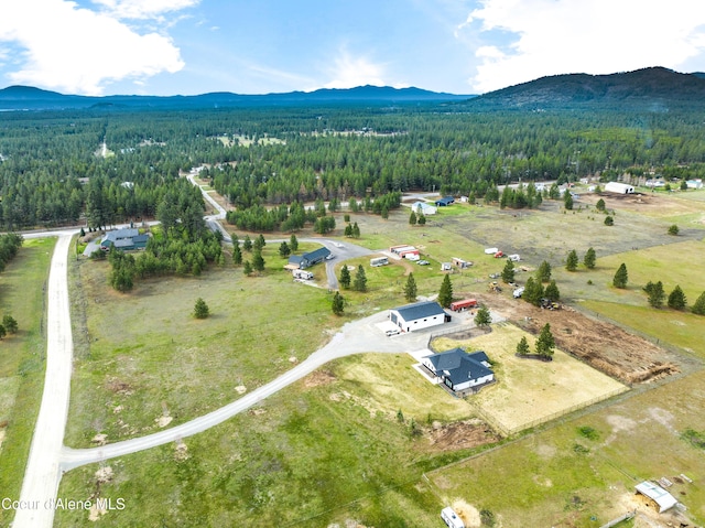 bird's eye view featuring a mountain view and a forest view