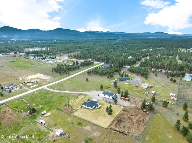 birds eye view of property featuring a mountain view and a view of trees