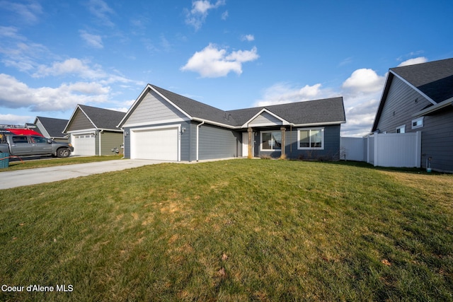 ranch-style house with a garage and a front yard