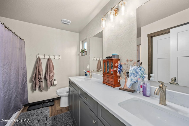 bathroom featuring vanity, hardwood / wood-style floors, a textured ceiling, and toilet