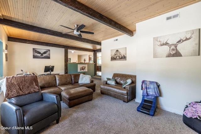 living room featuring ceiling fan, carpet flooring, wooden ceiling, and beam ceiling