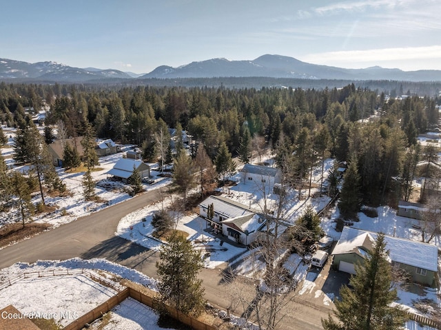 snowy aerial view with a mountain view