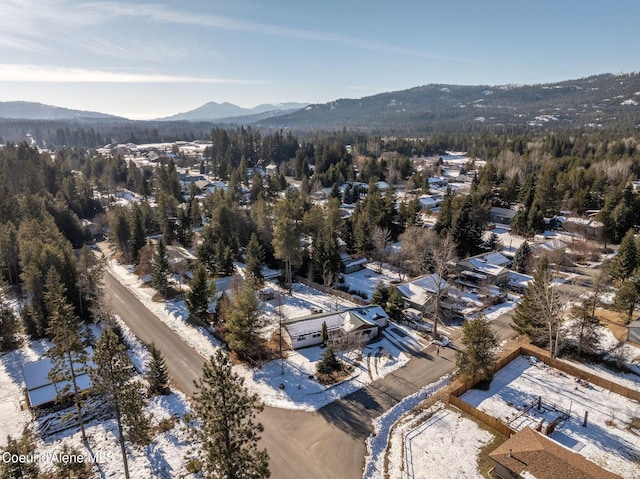 snowy aerial view with a mountain view