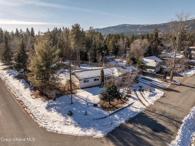 snowy aerial view featuring a mountain view