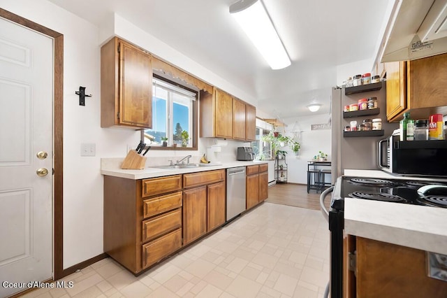 kitchen featuring stainless steel appliances, range hood, and sink