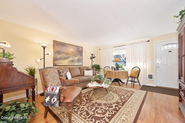 living room featuring heating unit and hardwood / wood-style floors