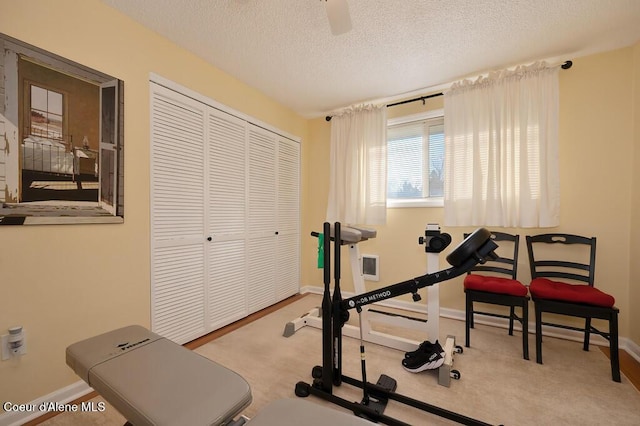 workout area featuring carpet floors and a textured ceiling