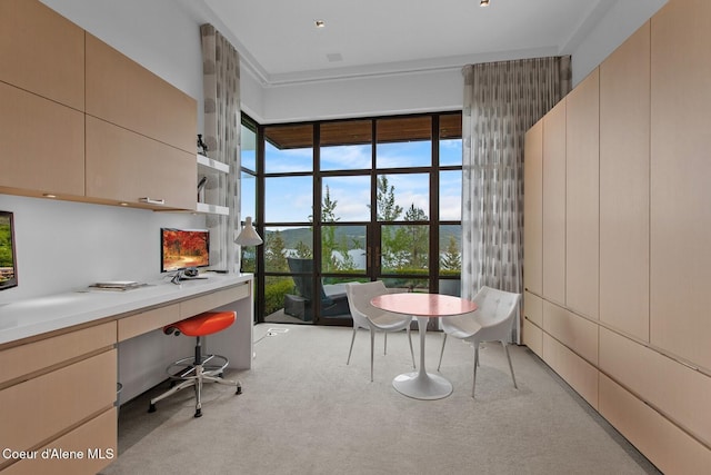 office space with built in desk and light colored carpet