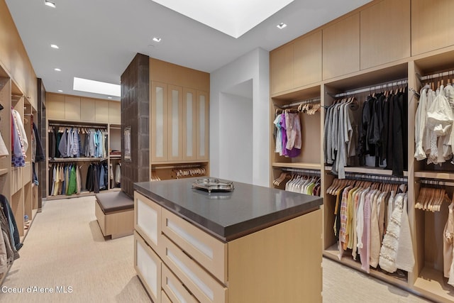 spacious closet featuring light carpet and a skylight