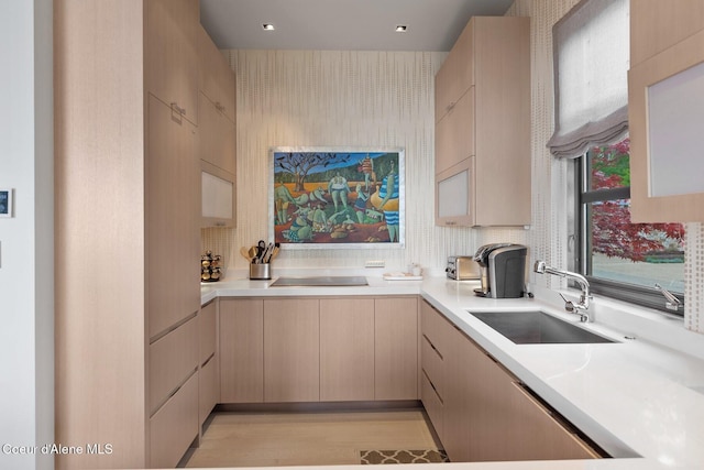 kitchen with black electric cooktop, sink, light brown cabinetry, and light hardwood / wood-style floors