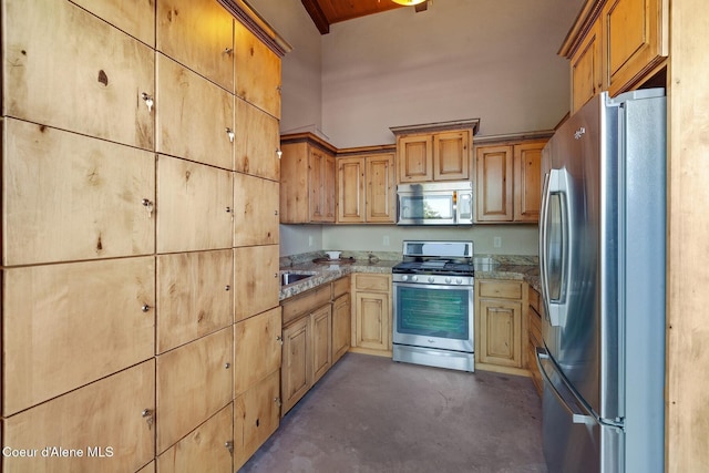 kitchen with stainless steel appliances, light stone countertops, and a high ceiling