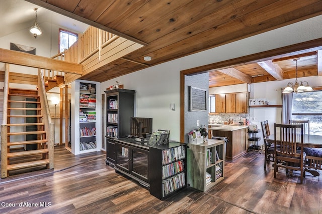 kitchen with an inviting chandelier, hanging light fixtures, dark hardwood / wood-style floors, decorative backsplash, and wooden ceiling