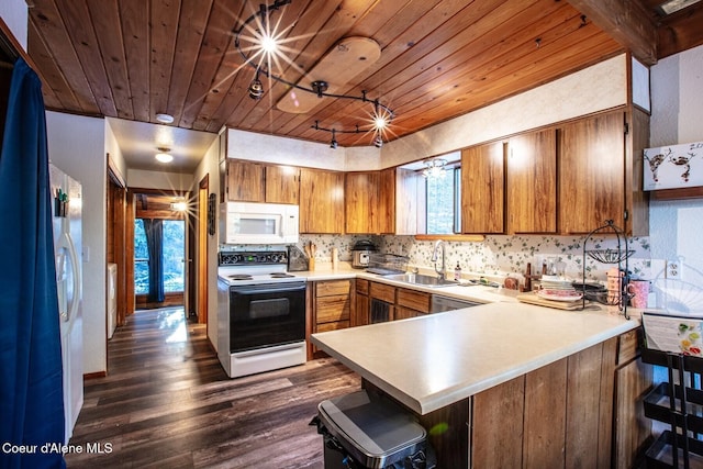 kitchen with sink, backsplash, kitchen peninsula, wooden ceiling, and white appliances