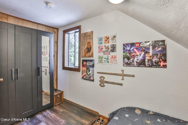 entryway with vaulted ceiling, dark hardwood / wood-style floors, and a textured ceiling