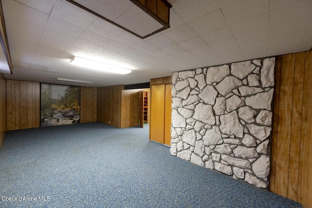 basement featuring carpet and wood walls