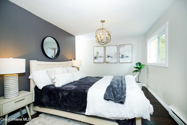 bedroom with an inviting chandelier, vaulted ceiling, dark wood-type flooring, and a baseboard radiator