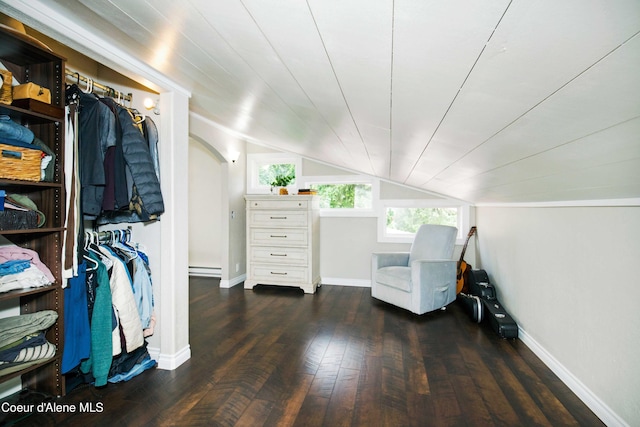 interior space featuring lofted ceiling, dark hardwood / wood-style flooring, and a baseboard heating unit