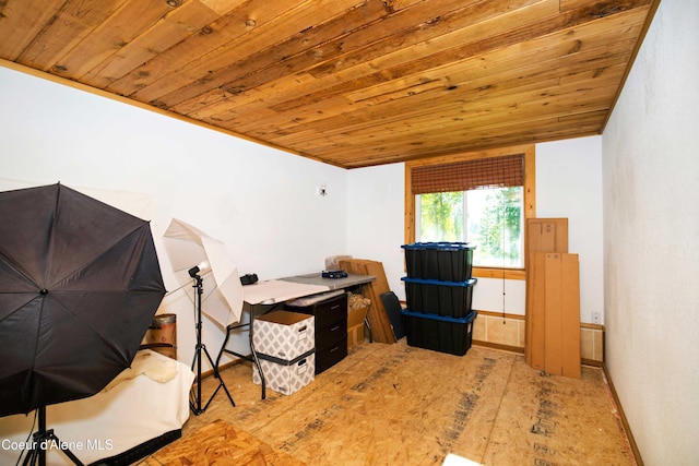 home office with wood ceiling