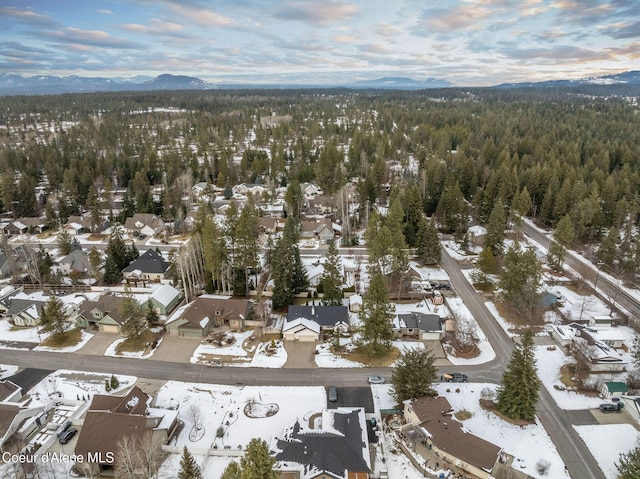 snowy aerial view with a mountain view