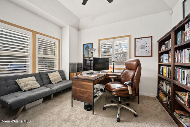 home office with light colored carpet and ceiling fan