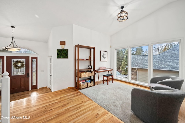 entryway with a healthy amount of sunlight, high vaulted ceiling, and light wood-type flooring