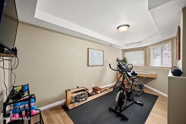 exercise room with wood-type flooring, a textured ceiling, and a tray ceiling